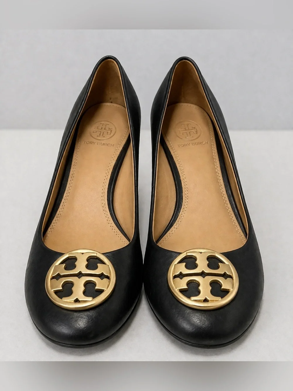 Tory Burch Black Leather Wedge Pumps Gold Logo Size 6